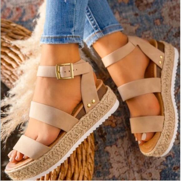 Soda Bryce Espadrille Platform Sandal in Taupe Strappy Faux Leather - Picture 1 of 8